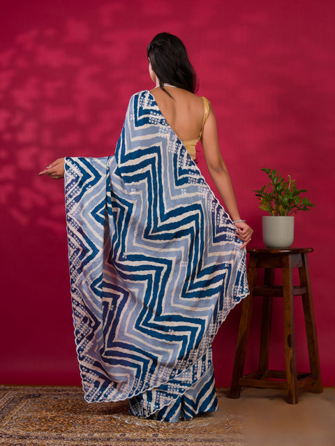 By Zig zag Style With Kashida Tari Work Saree