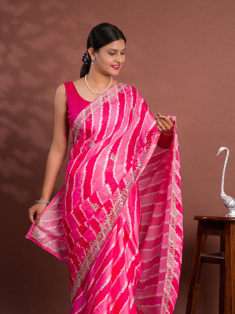 KcPc New Traditional H O Silk Leheriya Saree With embroidery Mirror Work   GAN