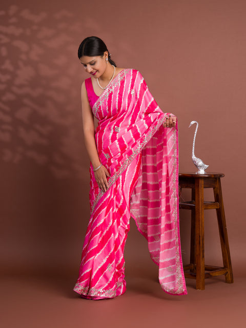 KcPc New Traditional H O Silk Leheriya Saree With embroidery Mirror Work   GAN