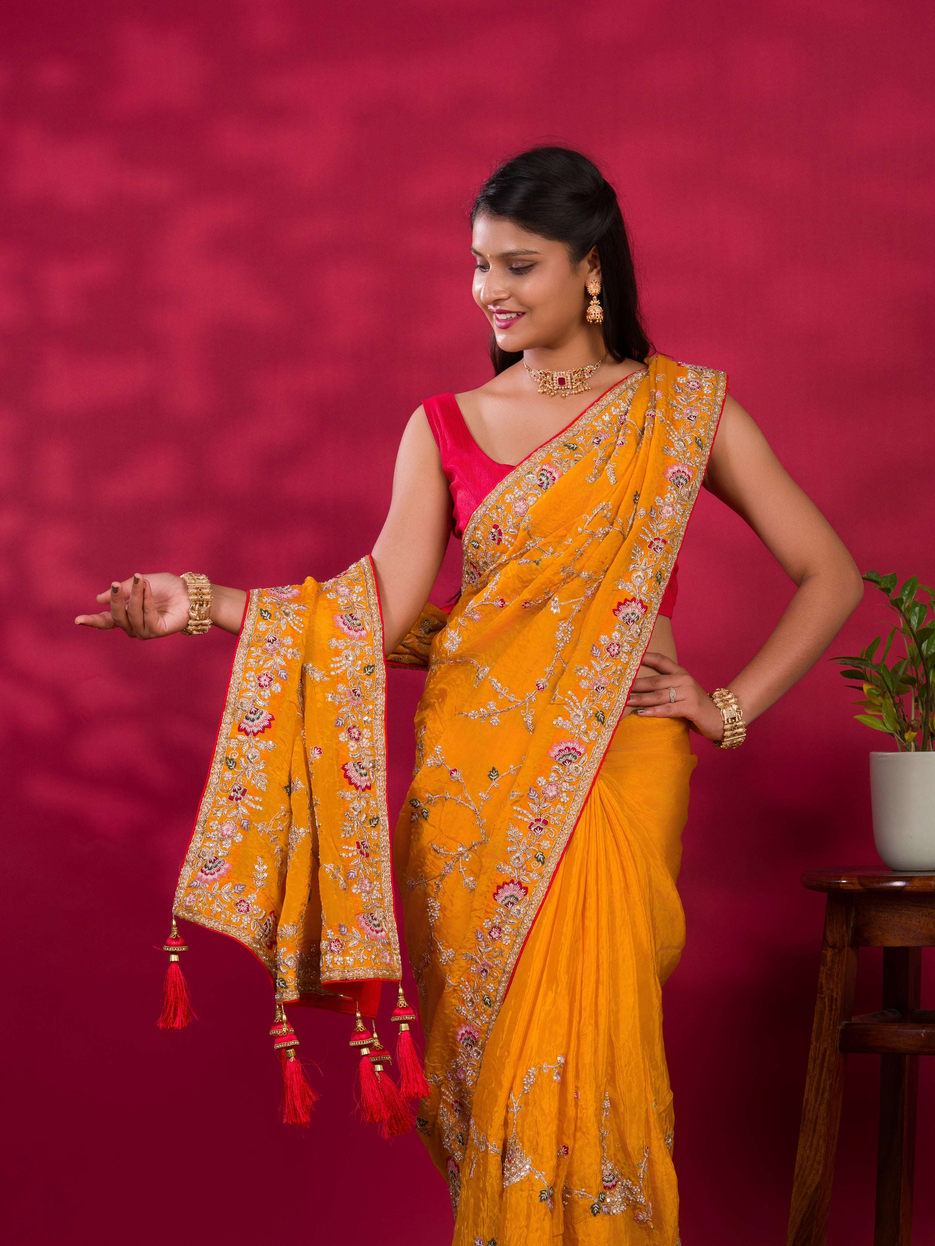  Chinon Rajwadi Style Sequence Embroidery Work saree