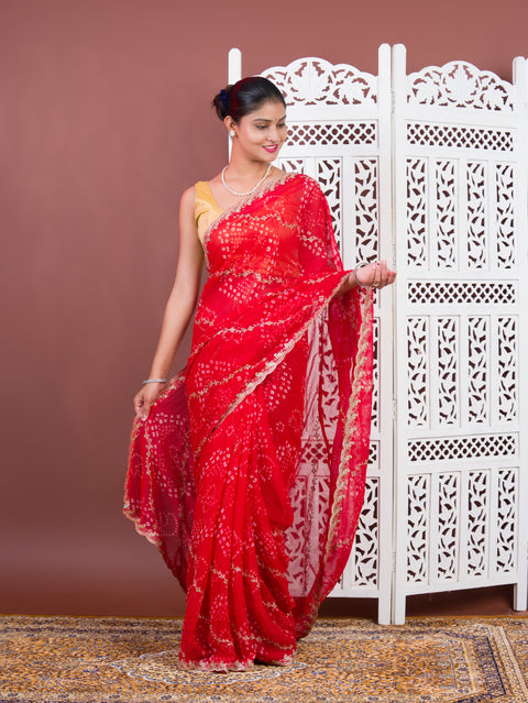 By Bandhani Saree With Kashida Emboridory Work