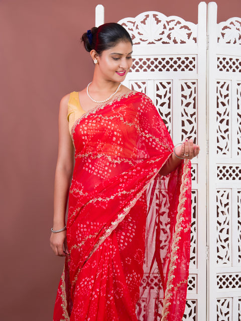By Bandhani Saree With Kashida Emboridory Work