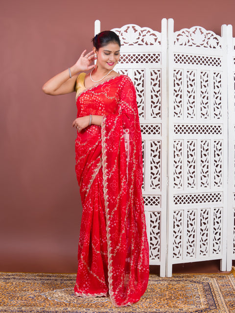 By Bandhani Saree With Kashida Emboridory Work