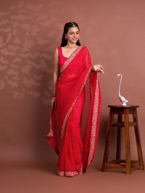 KcPc New Chiffon Leheriya Style With Embroidery Border Work Saree STL