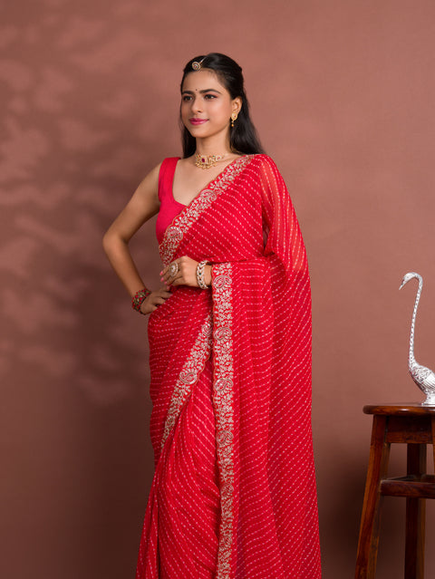KcPc New Chiffon Leheriya Style With Embroidery Border Work Saree STL
