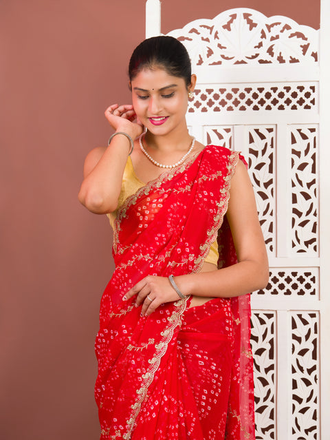By Bandhani Saree With Kashida Emboridory Work
