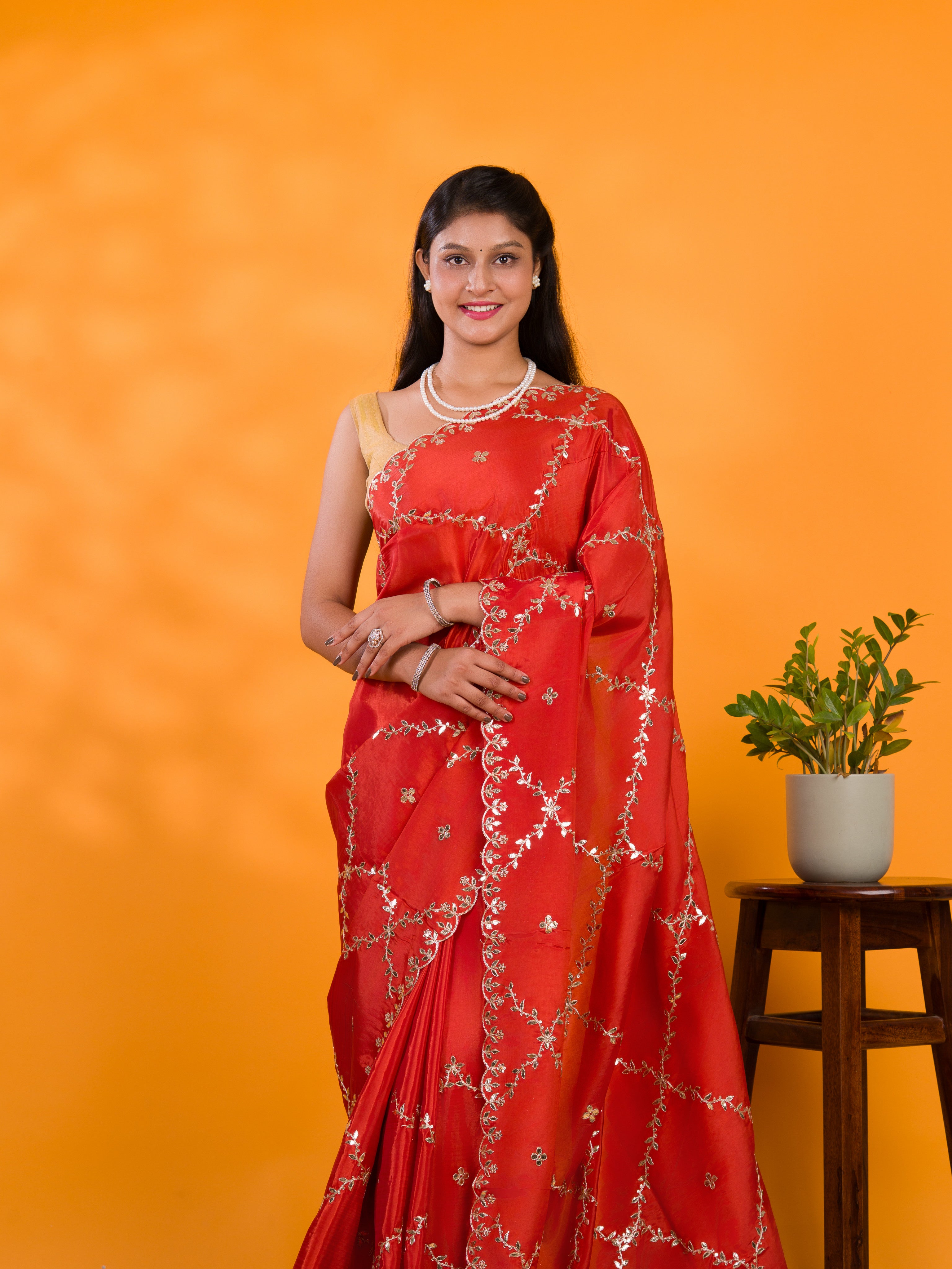 By New Designer Chinon Silk Saree with Traditional Gotapatti Work