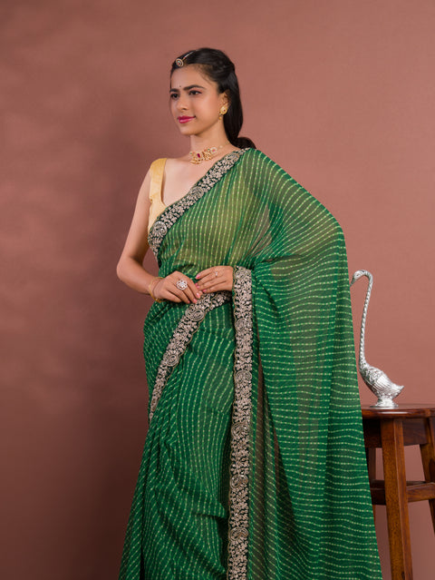 KcPc New Beautiful Chiffon Leheriya Style With Embroidery Border Work Saree STL