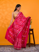A pink saree with white patterns withCotton silk Bandhani Gotapatti Work Saree