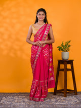 A pink saree with white patterns withCotton silk Bandhani Gotapatti Work Saree