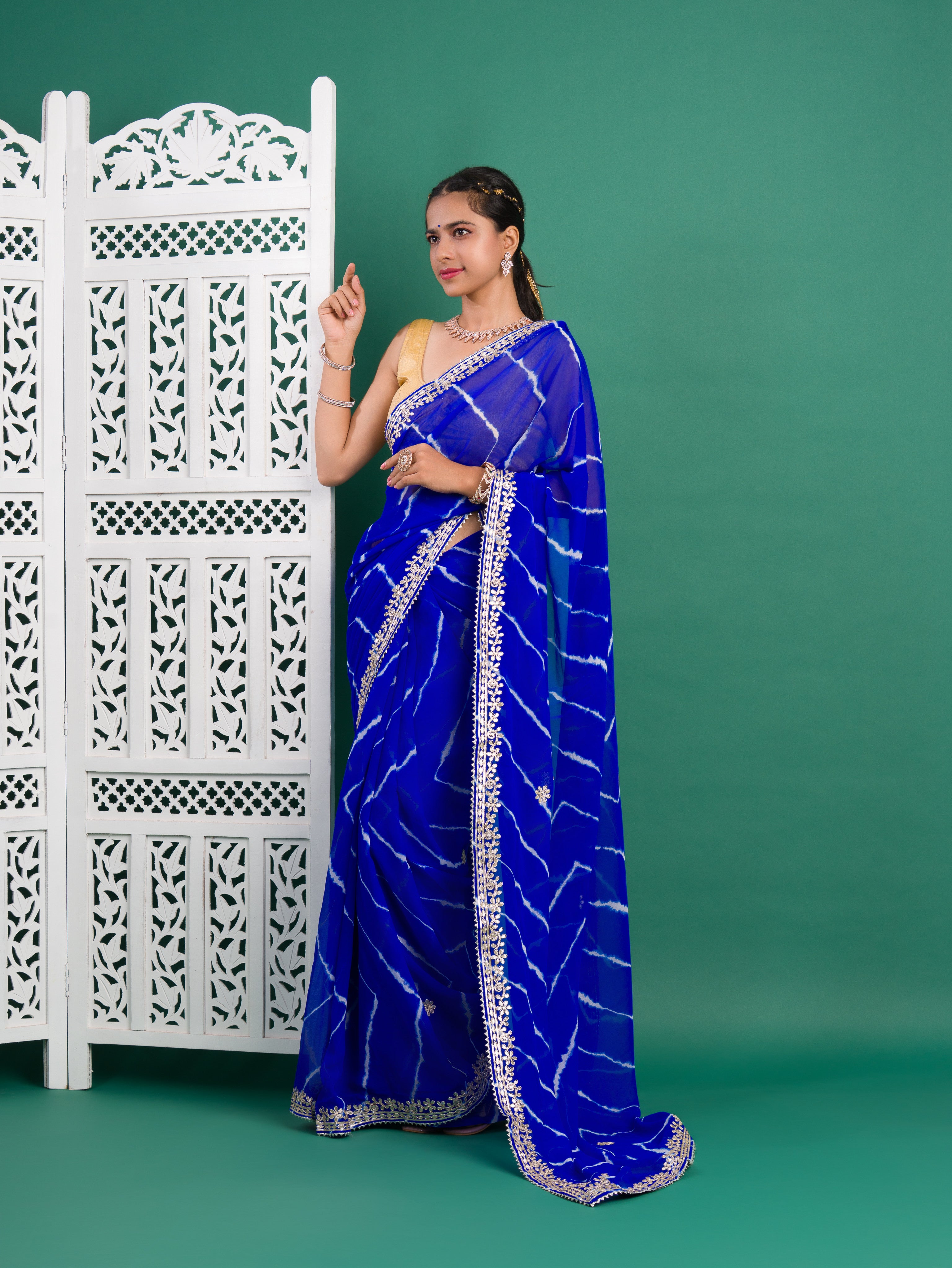  Chiffon Leheriya Style Wih Gotapatti Work Saree in blue color