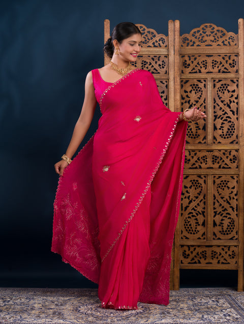 KcPc Latest Chinon Silk Designer Style With Gotapatti Jaal Cut Work Saree AMT