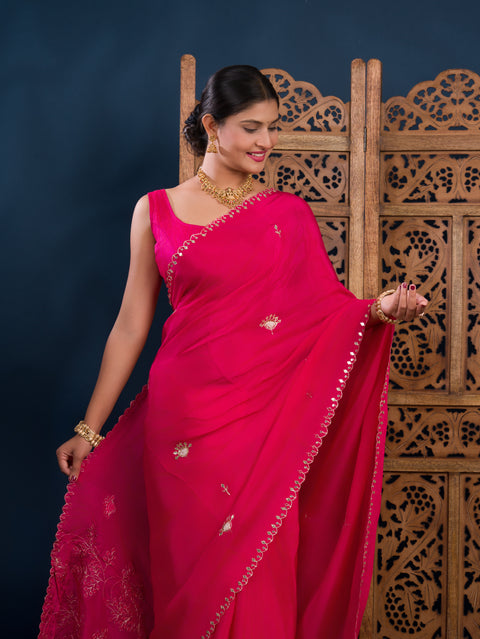KcPc Latest Chinon Silk Designer Style With Gotapatti Jaal Cut Work Saree AMT