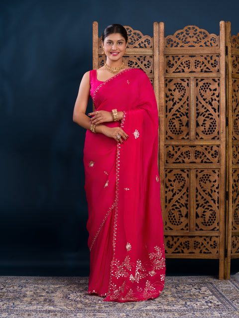 KcPc Latest Chinon Silk Designer Style With Gotapatti Jaal Cut Work Saree AMT
