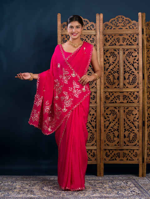 KcPc Latest Chinon Silk Designer Style With Gotapatti Jaal Cut Work Saree AMT