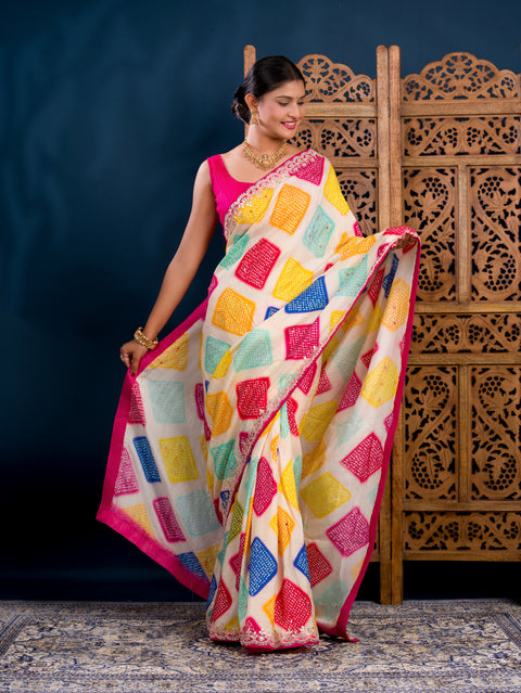 KcPc New Modal Silk Bandhani Style With Gotapatti Mirror Work Saree KSF
