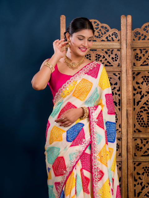 KcPc New Modal Silk Bandhani Style With Gotapatti Mirror Work Saree KSF