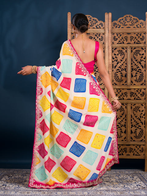 KcPc New Modal Silk Bandhani Style With Gotapatti Mirror Work Saree KSF