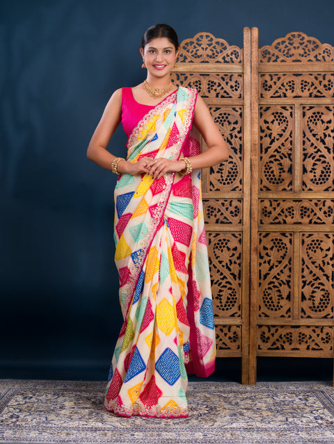 KcPc New Modal Silk Bandhani Style With Gotapatti Mirror Work Saree KSF