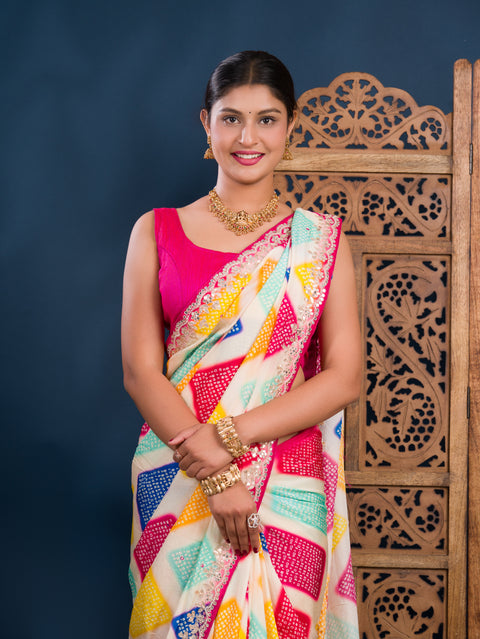 KcPc New Modal Silk Bandhani Style With Gotapatti Mirror Work Saree KSF