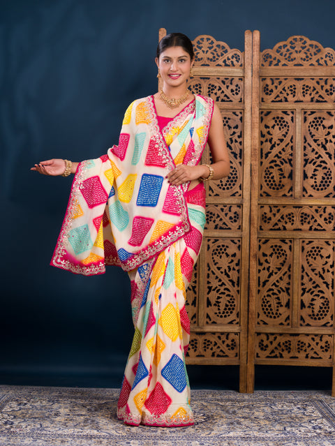 KcPc New Modal Silk Bandhani Style With Gotapatti Mirror Work Saree KSF
