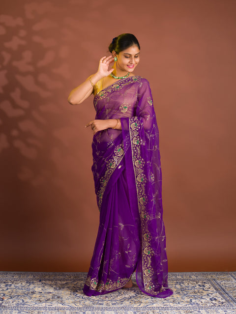 By Designer Saree With Handcrafted Aari Tari Work 