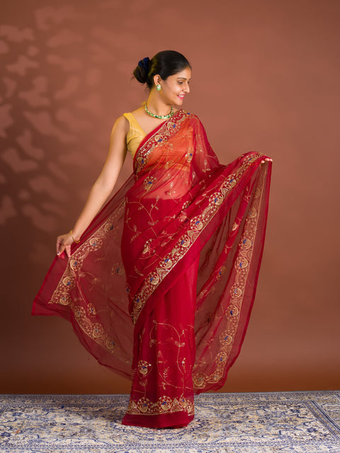 By Designer Saree With Handcrafted Aari Tari Work 