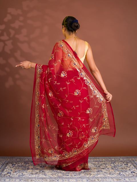 By Designer Saree With Handcrafted Aari Tari Work 