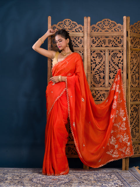 KcPc New Chinon Silk Designer Style With Gotapatti Jaal Cut Work Saree AMT