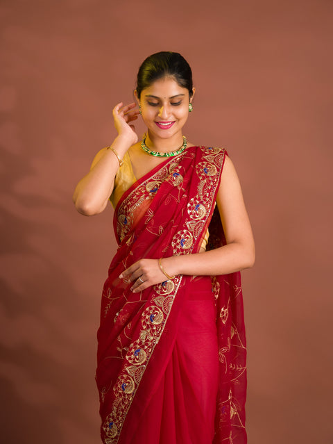 By Designer Saree With Handcrafted Aari Tari Work 