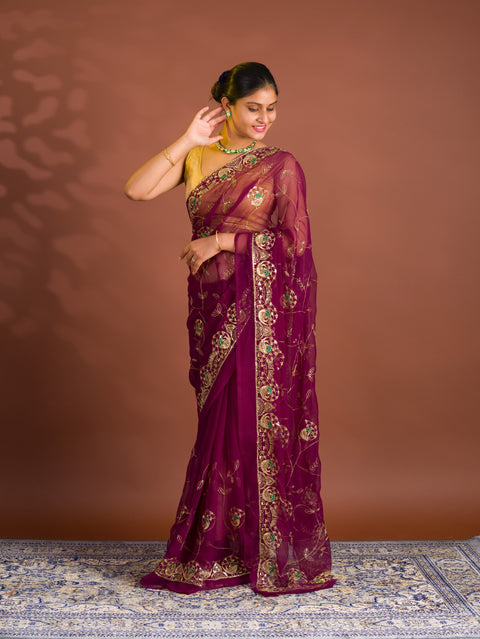 By Traditional Style With  Handcrafted Aari tari Work