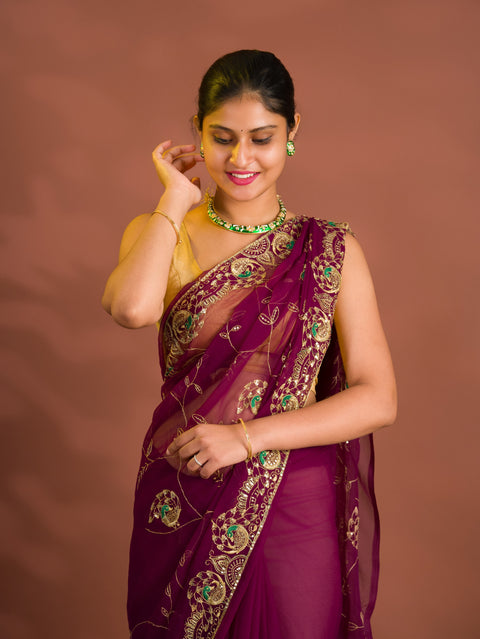 By Traditional Style With  Handcrafted Aari tari Work