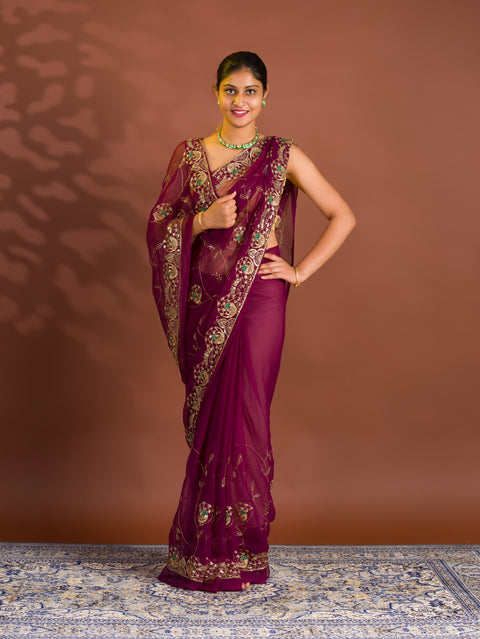 By Traditional Style With  Handcrafted Aari tari Work