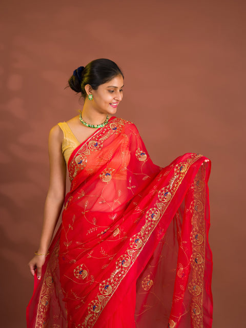 By Designer Saree With Handcrafted Aari Tari Work 