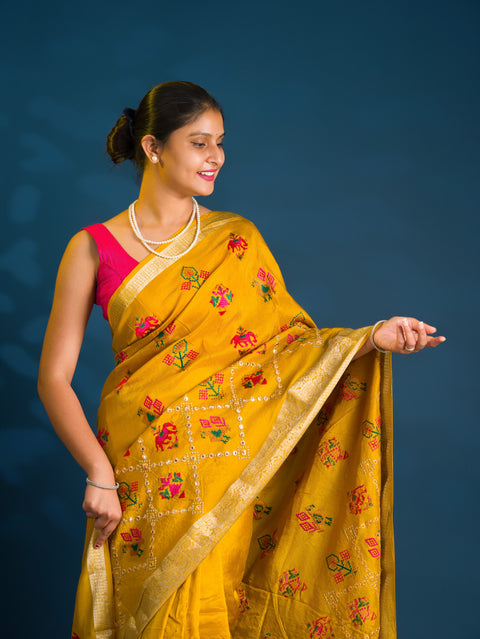 Silk Patola embroidery Style With Mirror Work Saree for festive season 