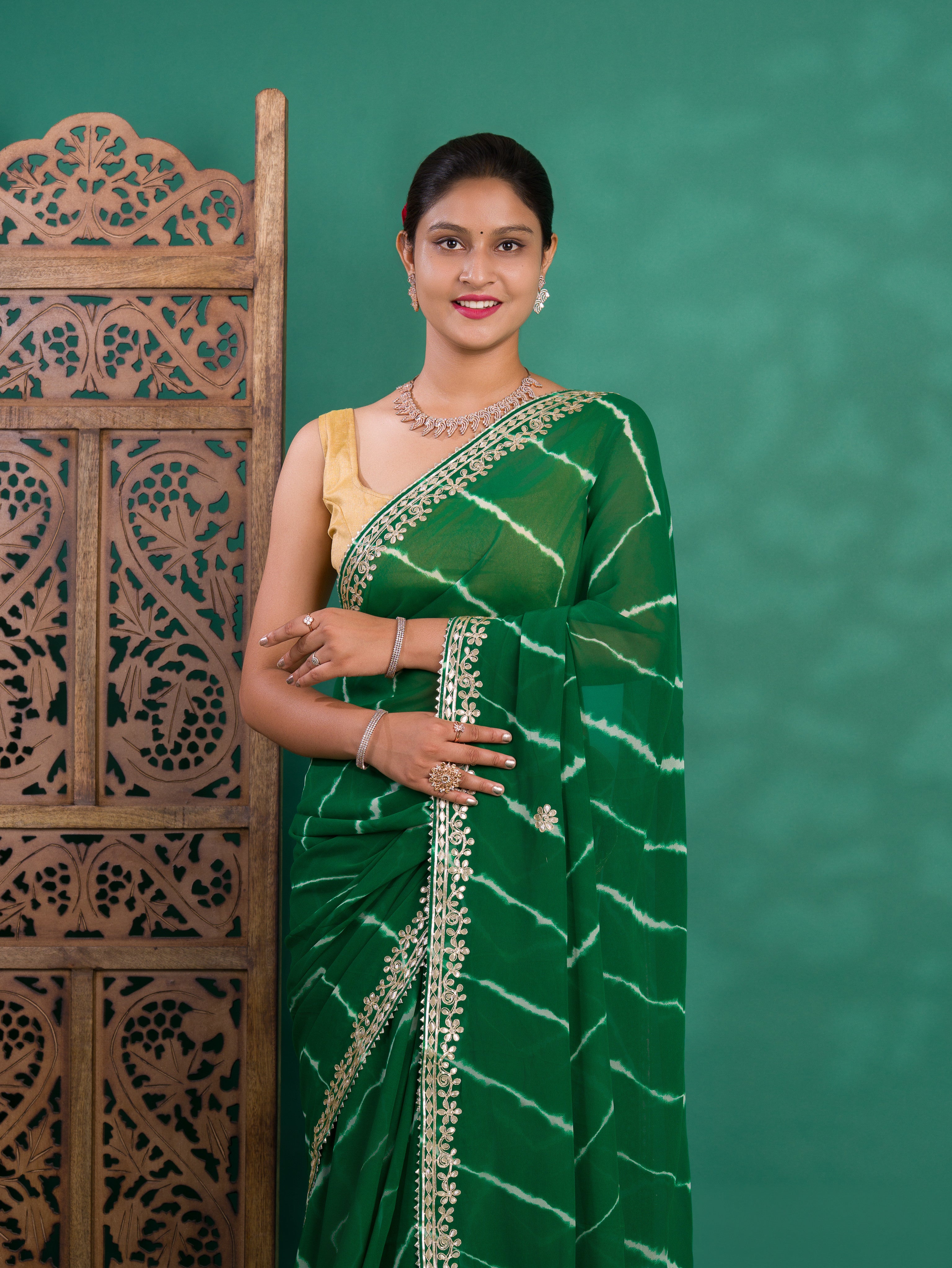  Chiffon Leheriya Style Wih Gotapatti Work Saree in green colour
