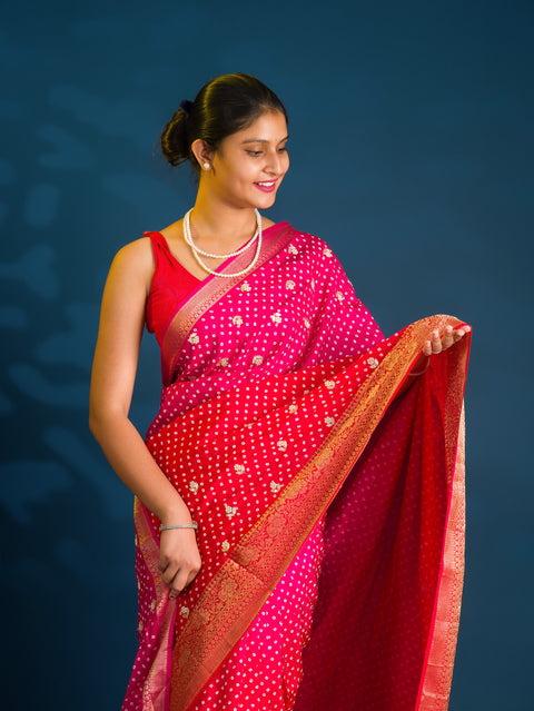 By Bandhani Saree With Gota Patti Work