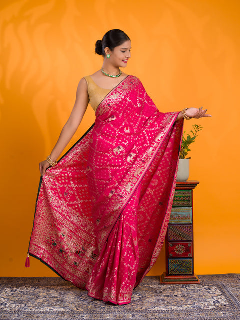 A traditional Dola Silk Banarasi Style With Stone Work Saree in pink colour
