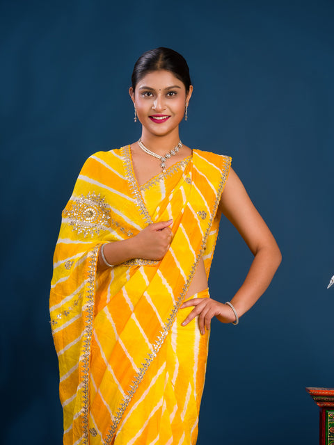 New Chinon Leheriya Style with Gotapatti Work Saree