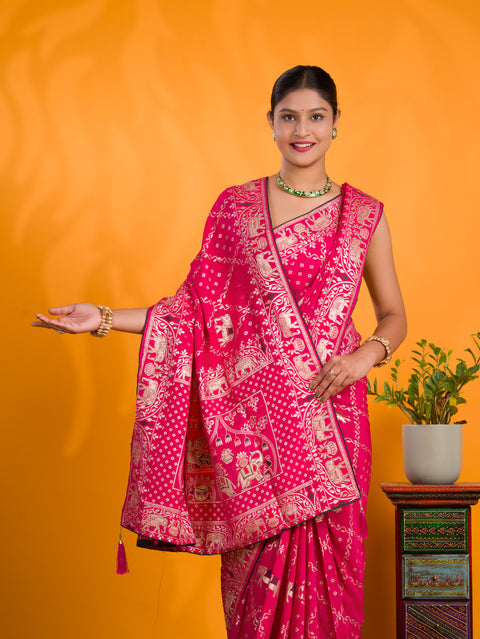 A traditional Dola Silk Banarasi Style With Stone Work Saree in pink colour