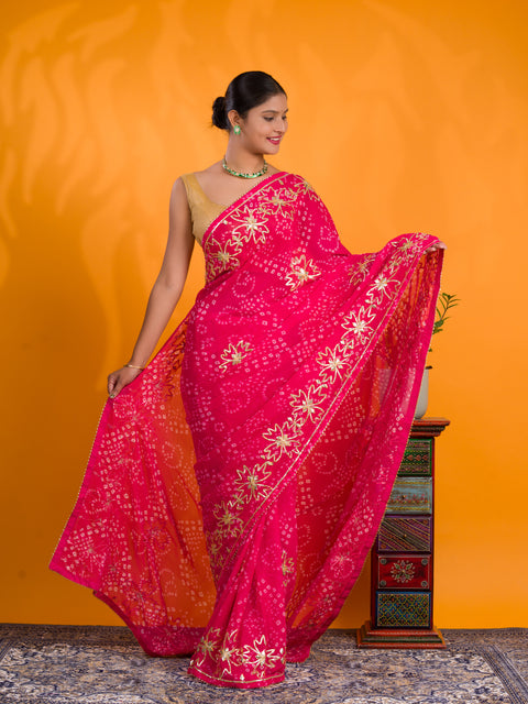 By Bandhani Saree With Gotapatti Work