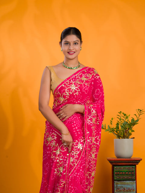 By Bandhani Saree With Gotapatti Work