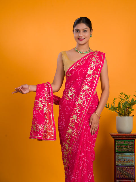 By Bandhani Saree With Gotapatti Work