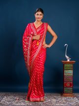 By New Beautiful Leheriya Style With Embroidery Work Saree