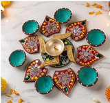 Traditional Handcrafted Diwali Rangoli Set with Kundan Work, Mirror Detailing & Terracotta Diyas