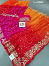 A pink, orange, and gold chiffon saree with Mukesh work 