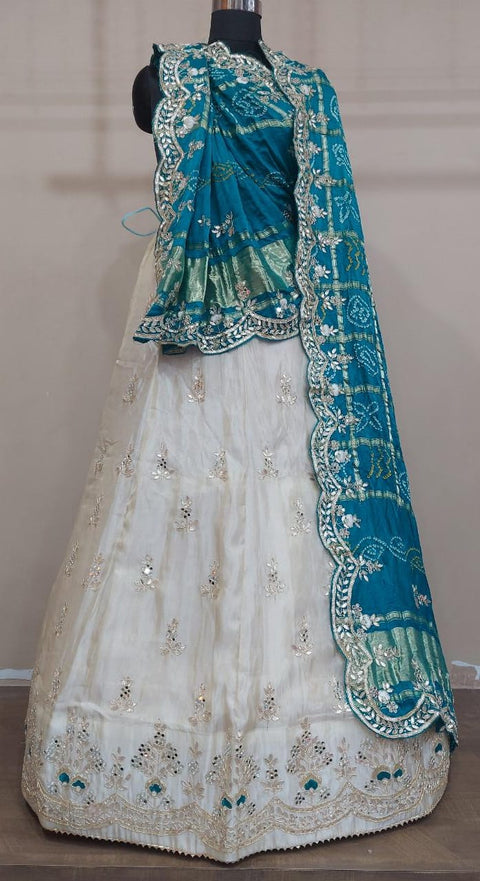 Pure Uppada Silk Gotapatti Zardosi Moti Foil Duptta Lehenga Bitu Nr White Firozi