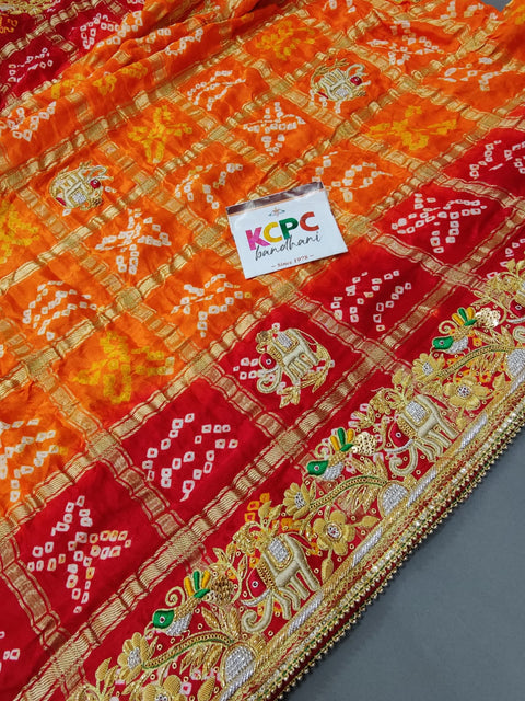 Kcpc Ethnic Trending Pure Gaji Silk Bandhani Jardozi Work Ghatchola Chunri Pila Odhna in Aara Tari Handwork Pila (Red Orange)