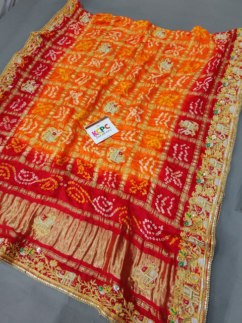 Kcpc Ethnic Trending Pure Gaji Silk Bandhani Jardozi Work Ghatchola Chunri Pila Odhna in Aara Tari Handwork Pila (Red Orange)