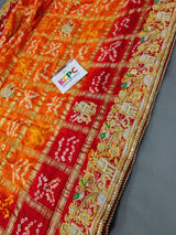 Kcpc Ethnic Trending Pure Gaji Silk Bandhani Jardozi Work Ghatchola Chunri Pila Odhna in Aara Tari Handwork Pila (Red Orange)
